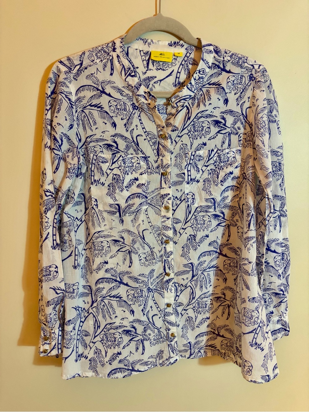 Roberta Roller Rabbit White & Blue Printed Button-Front Flowy Women's Top XS